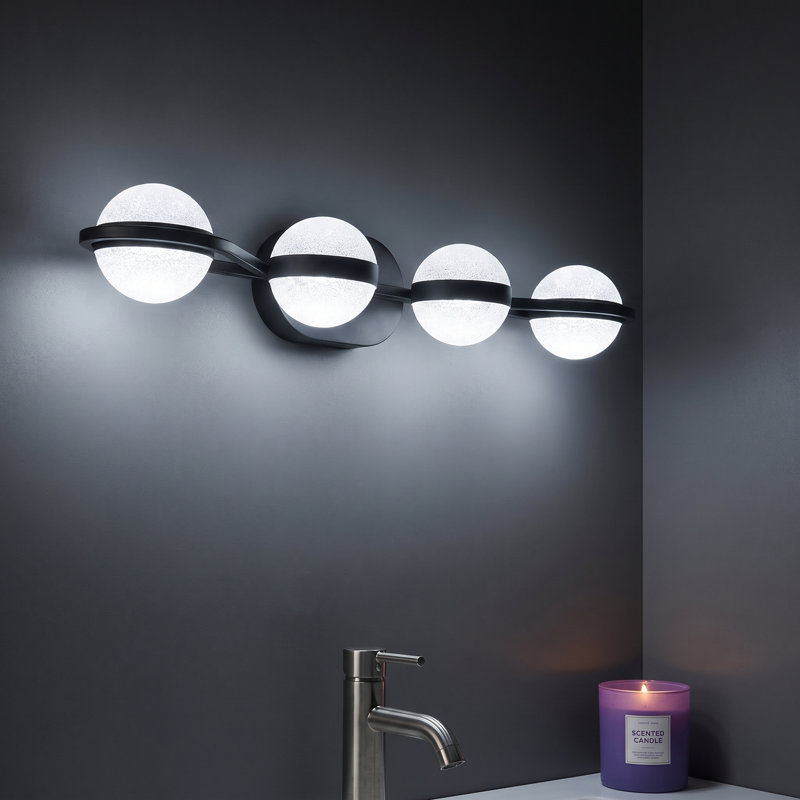 Applique murale DEL noire à 4 lumières de 29 po avec abat-jour en acrylique couleur sable cristallin, Noir mat