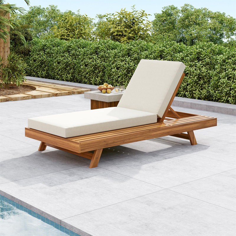 LOUNGE CHAISE SET, SPACE AVAILABLE ON ONE SIDE,ACACIA WOOD WITH WATER-RESISTANT LOUNGE CUSHIONS (CREAM & 4 INCH THICK) - MATCHING DARK GREY VERSION AVAILABLE