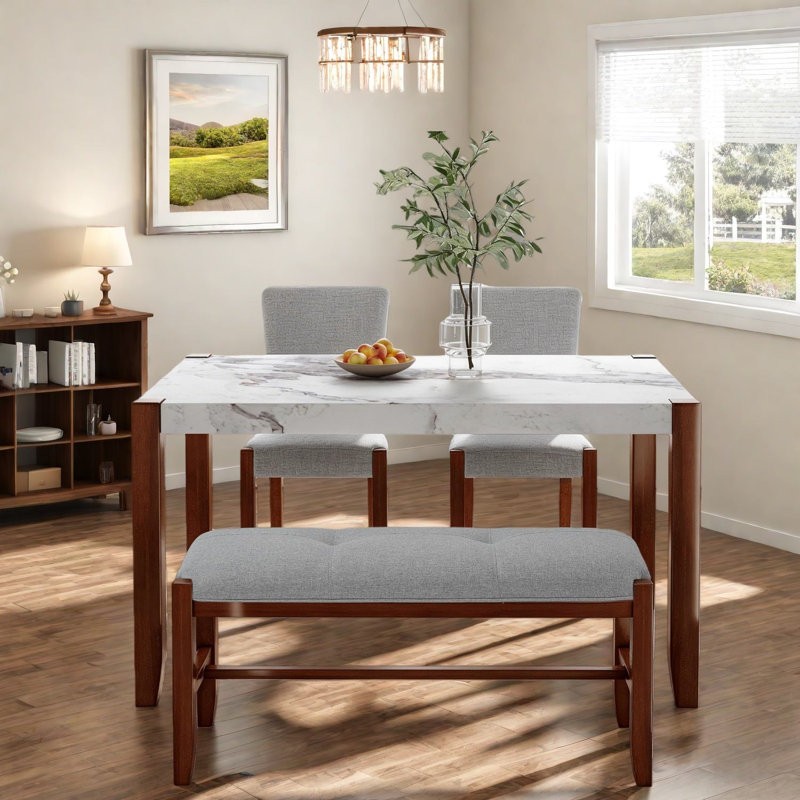 Ensembles de table de salle à manger peu encombrants avec table d'aspect marbre, plateau en bois aggloméré, pieds en bois d'hévéa, style moderne pour la maison