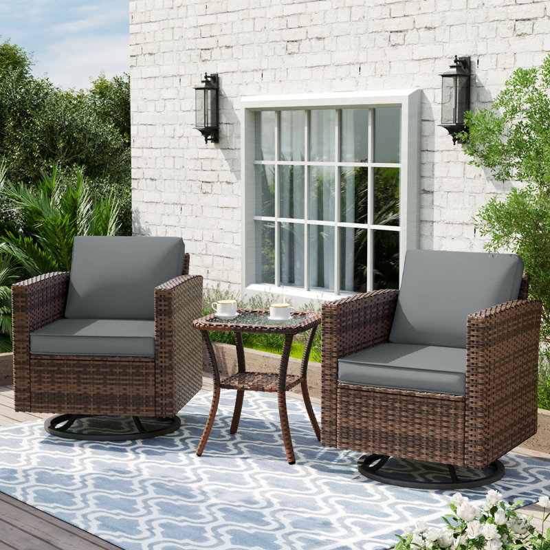 Kisner 3 Pieces Rocking Swivel Wicker Patio Chair With Cushions And Table, Gray
