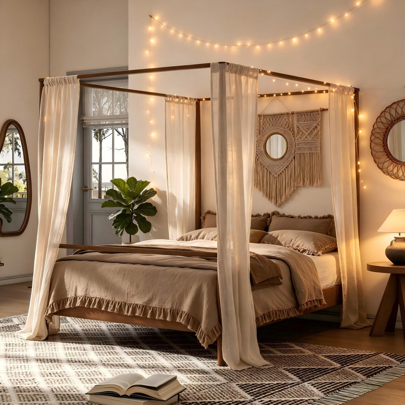 Modern Solid Wood King Size Canopy Bed Frame, 4-Poster Platform Bed with Built-in Headboard, No Box Spring Needed, Walnut Finish, Easy Assembly, Minimalist Bedroom Furniture