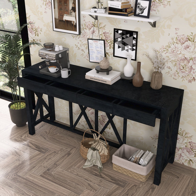 Console à 4 tiroirs en placage d'acacia avec rangement ouvert, Noir