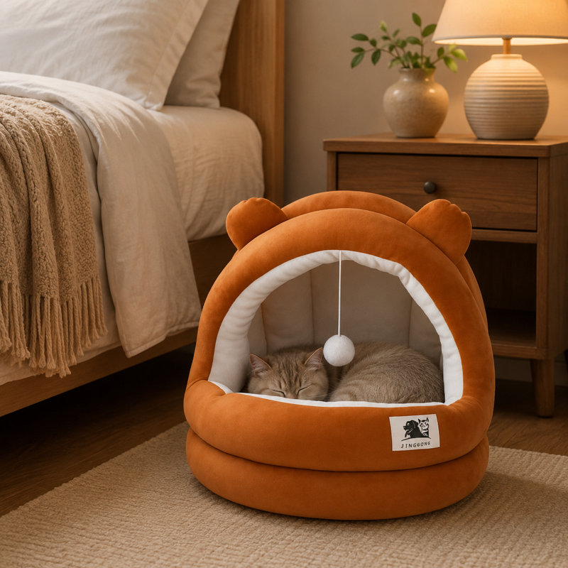 Mignonne maison de chat semi-fermée avec coussin moelleux, Ireyanna d'intérieur de style igloo chaud pour chats et petits chiens