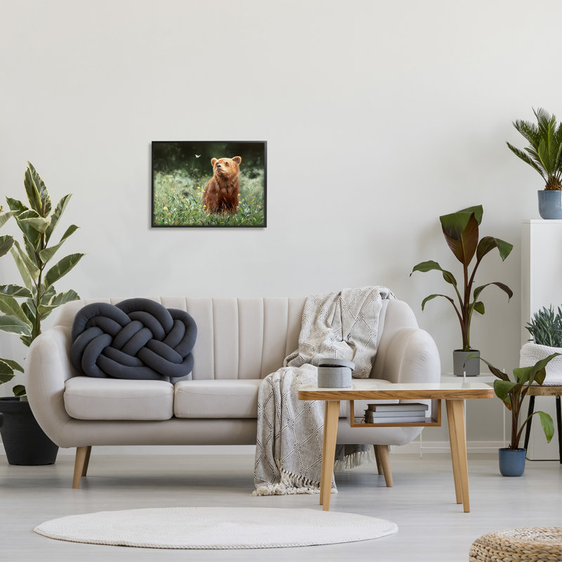 Bear and Butterfly Meadow Canvas Print in Brown and Green