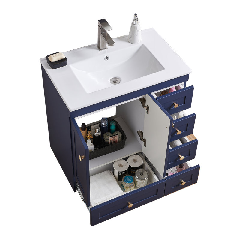 30'' Blue Modern Free-Standing Single Bathroom Vanity Set, Blue/Gold
