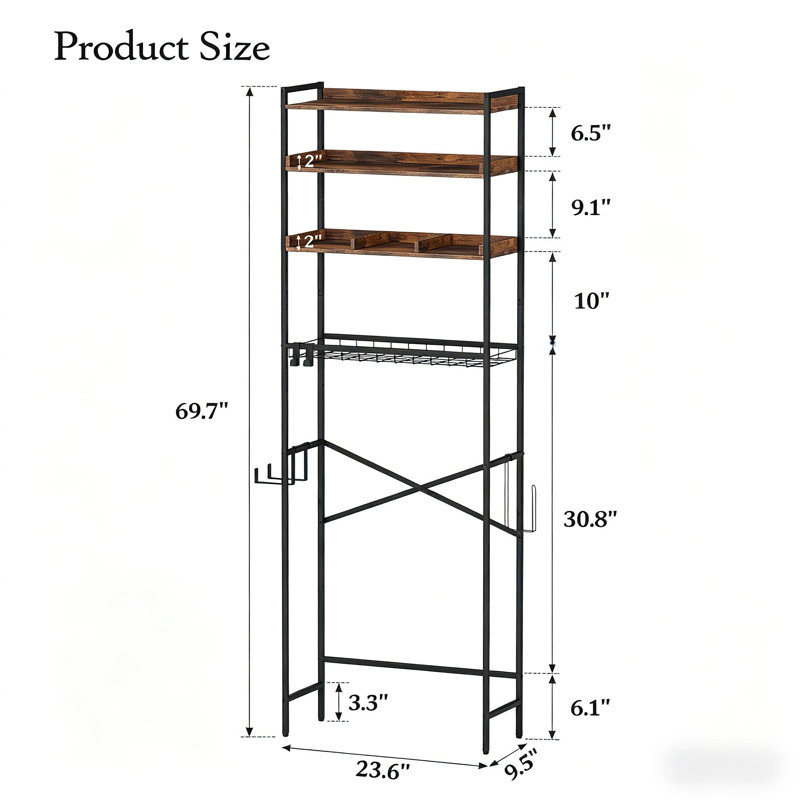 4-Tier Over Toilet Storage Rack – 3-Level Adjustable, Anti-Fall Design, with Hair Dryer Holder, Brown
