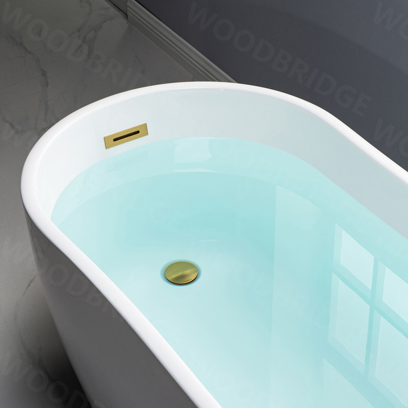 59" x 28" Freestanding Soaking Acrylic Single Slipper Bathtub with Reversible Drain, White/Brushed Gold
