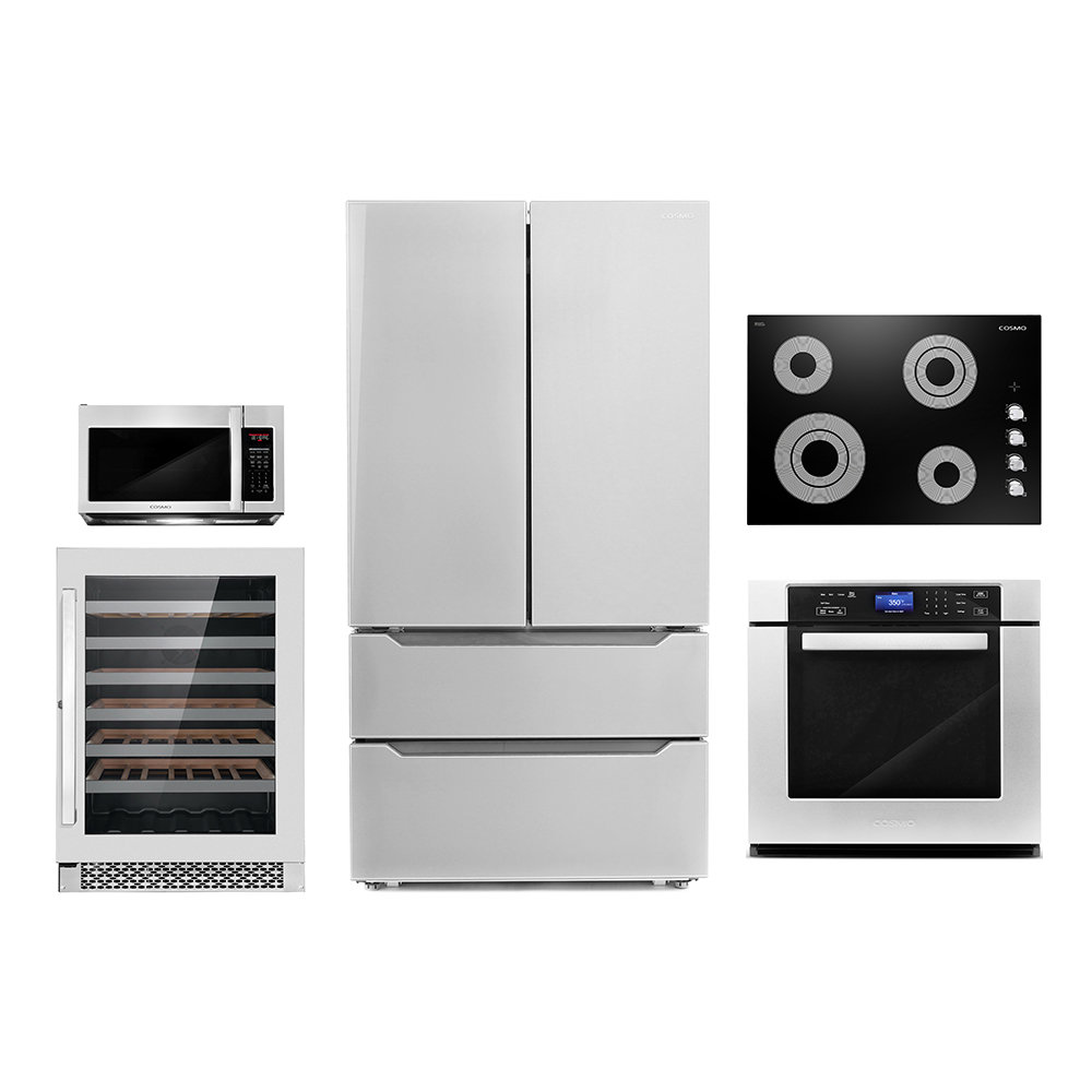 Cosmo 5 Piece Kitchen Appliance Package with French Door Refrigerator , 30'' Electric Cooktop , Wall Oven , Over-the-Range Microwave , and Wine Refrigerator Cosmo