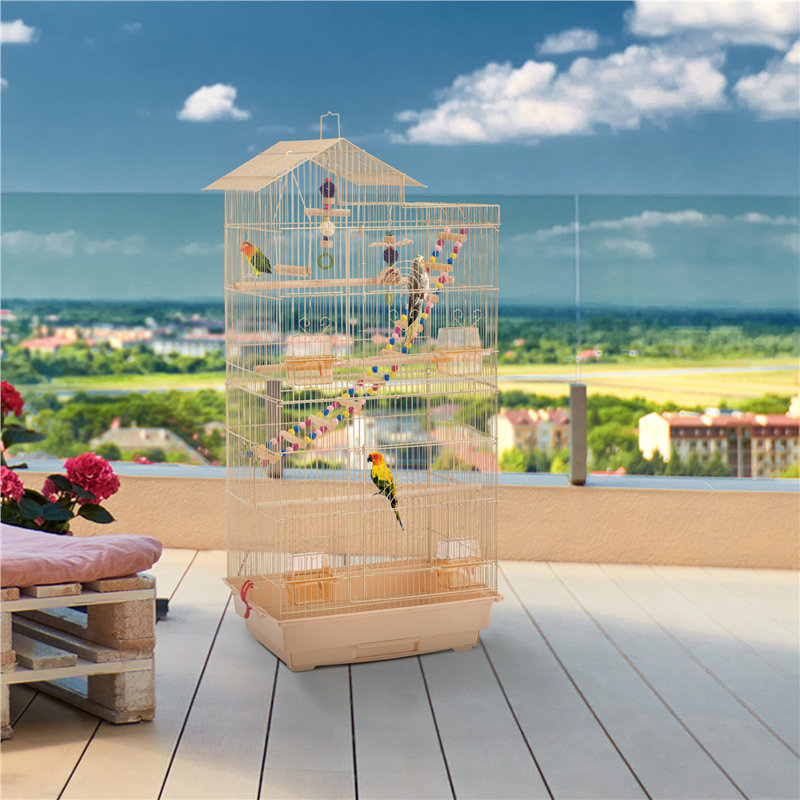 Iron Pointed Top Floor Bird Cage with Perch, Almond