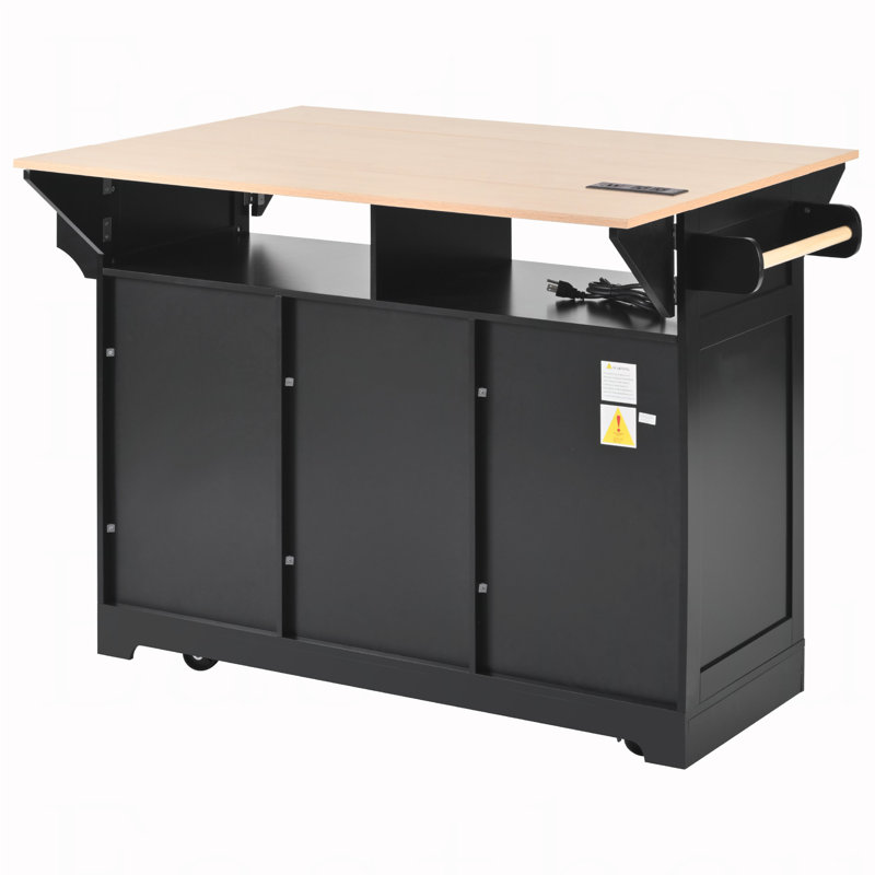 55.7'' Large Kitchen Island with 2 Drop Leaf,, Rolling Kitchen Cart on 5 Wheels with Power Outlet, Folding Storage Dining Table with Spice & Towel Rack , 3 Drawers, for Kitchen, Dining Room,Black