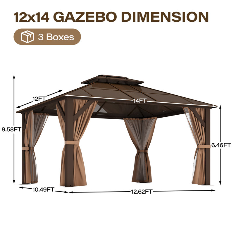 Pavillon de jardin rigide avec toit double en polycarbonate - Pavillon en métal robuste avec filet et rideaux, brun