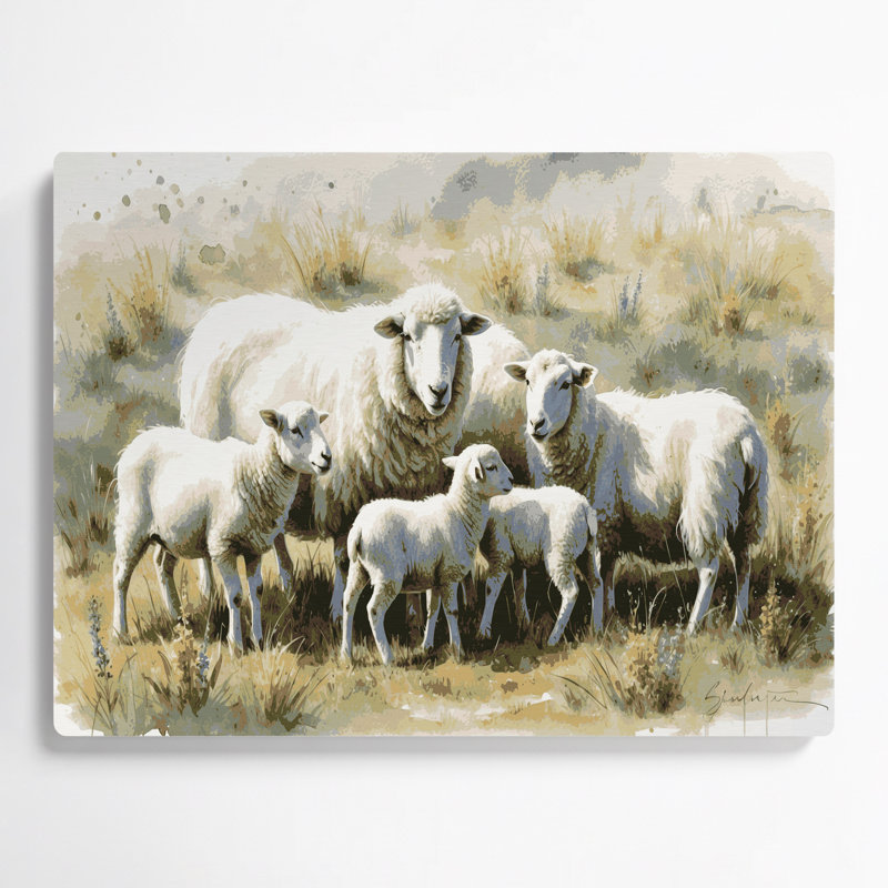 «Farm Sheep with Lambs», art mural en métal beige, H 11 po x l 14 po