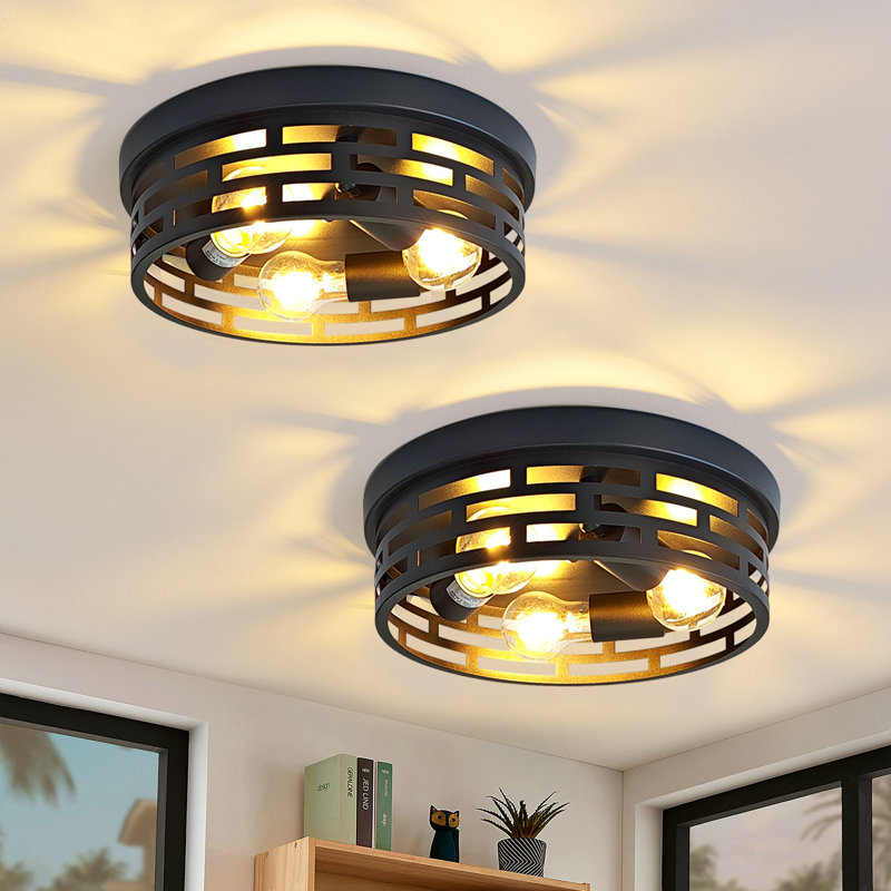3-Light Industrial Flush Mount Ceiling Light, Black Metal Cage Drum Fixture, E26 Base, Modern Farmhouse Close To Ceiling Lighting For Hallway, Bedroom, Kitchen