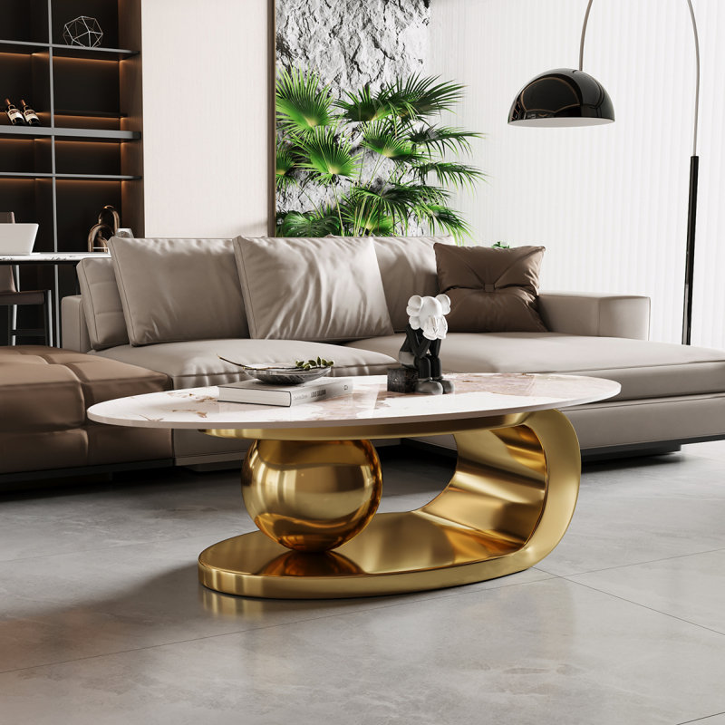 Table basse en métal doré avec piédestal en acier inoxydable et plateau en faux marbre