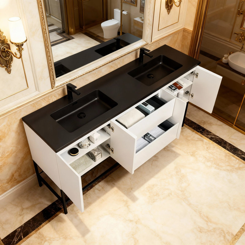 Paza 72 po L x 19 po P 4 portes et 2 tiroirs Meuble-lavabo autoportant avec évier double et Comptoir en Quartz noir d'ingénierie