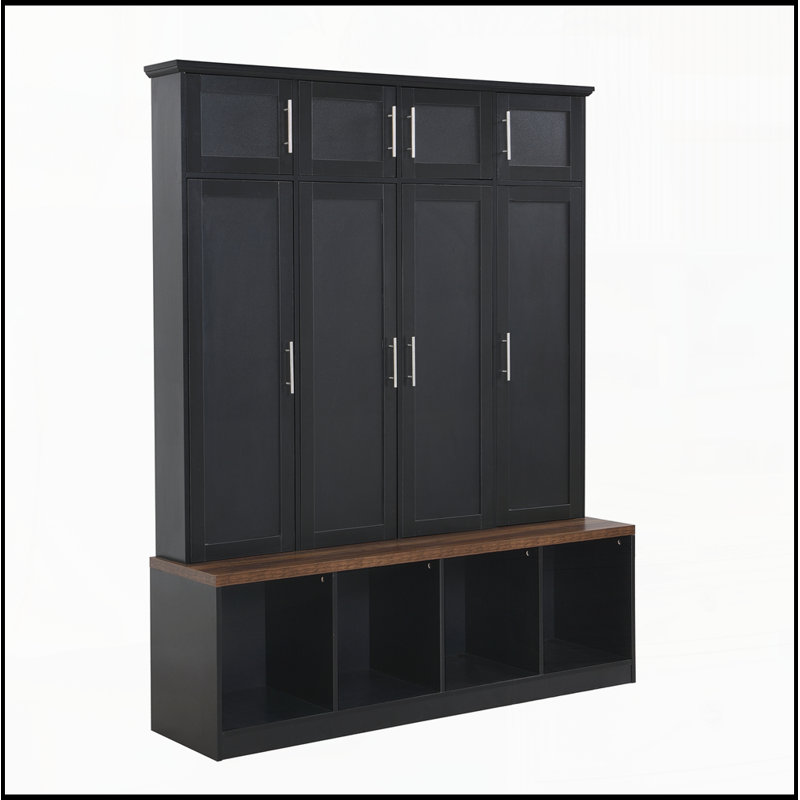 Hall Tree with 4 Hanging Hooks,Entryway Cabinet with Open Compartments, Black