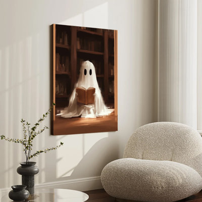 Cute Sheet Ghost Reading Book In Library Large Gallery Wrapped Canvas Wall Art Print For Living Room Bedroom