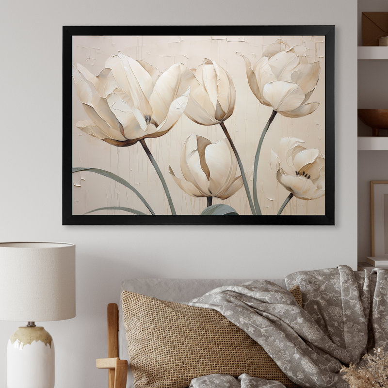 Minimalisme, tulipes blanches symphonie II sur toile, H 12 po x l 20 po x P 1 po, Cadre simple noir