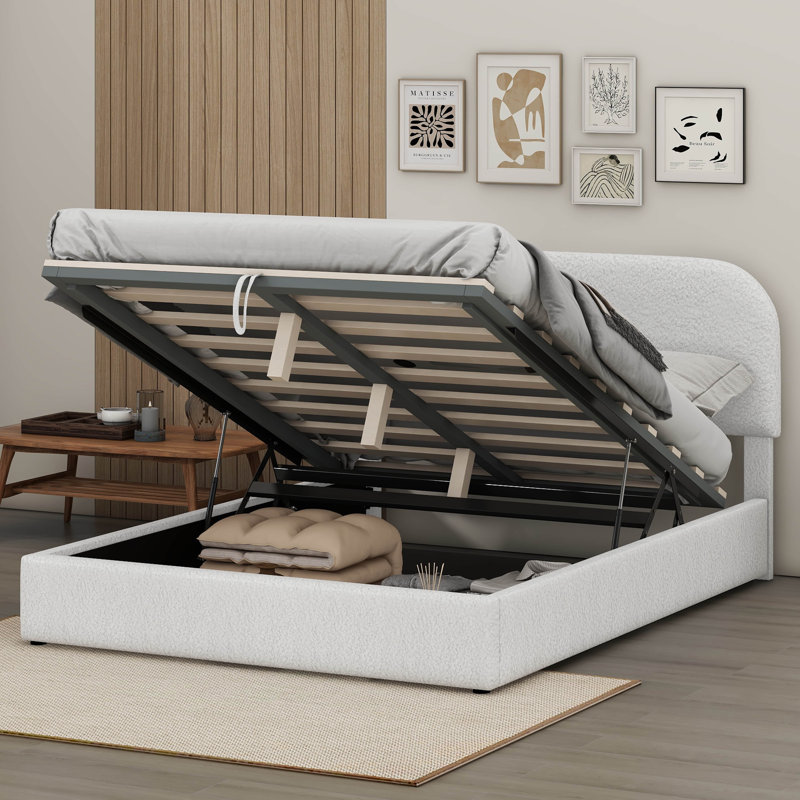 Teddy Fleece Upholstered Platform Bed With Hydraulic Storage System, Full, White