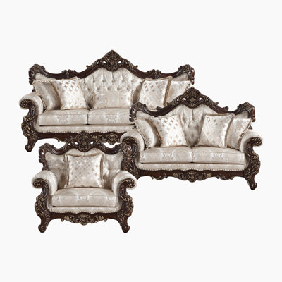 Loane Traditional Jacquard 3-Piece Living Room Sofa Set with Button-Tufting, Nailhead Trim  5 Decorative Pillows
