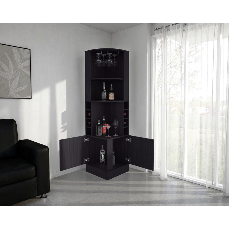 Aspen Kava Corner Bar Cabinet with Wine Bottle Storage, Stemware Rack, and Shelves – Wenge, Black