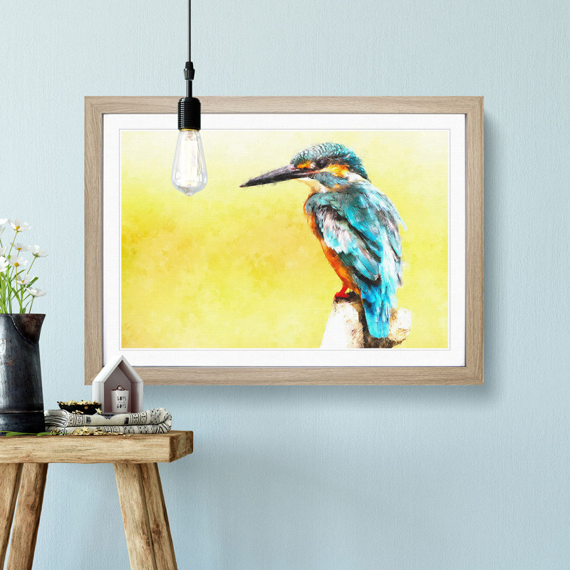 Blue Kingfisher Painting - Single Picture Frame Print on MDF, 24cm H x 33cm W x 2cm D, Oak