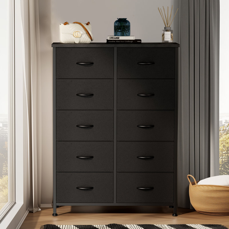 10 - Drawer 31.4" W Fabric Dresser with Wood Top, Storage Chest, Black