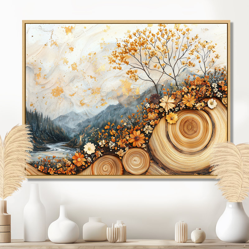 Germut fleurs d'automne brunes sur glissades sur bois II - Art mural fleurs sauvages, H 30 po x l 40 po, Cadre flottant