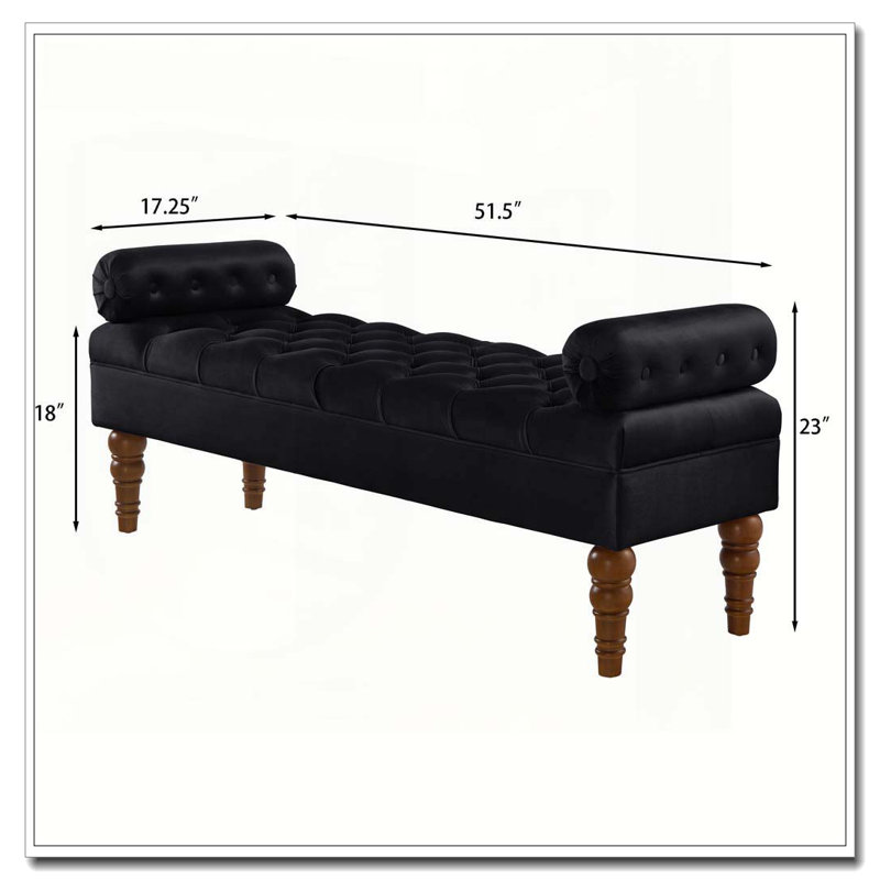 Velvet Long bed Bench for Bedroom,Upholstered Window Bench with Tufted Button,Entryway Bench,Bolster Bench for Living Room-Black