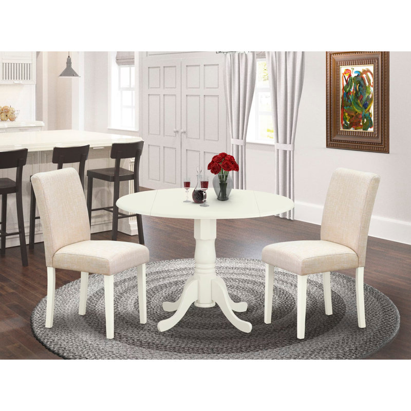 L'ensemble de table de salle à manger moderne 3 pièces comprend une table ronde en bois avec Dropleaf et 2 chaises rembourrées en tissu beige clair, 42 x 42 pouces, blanc lin