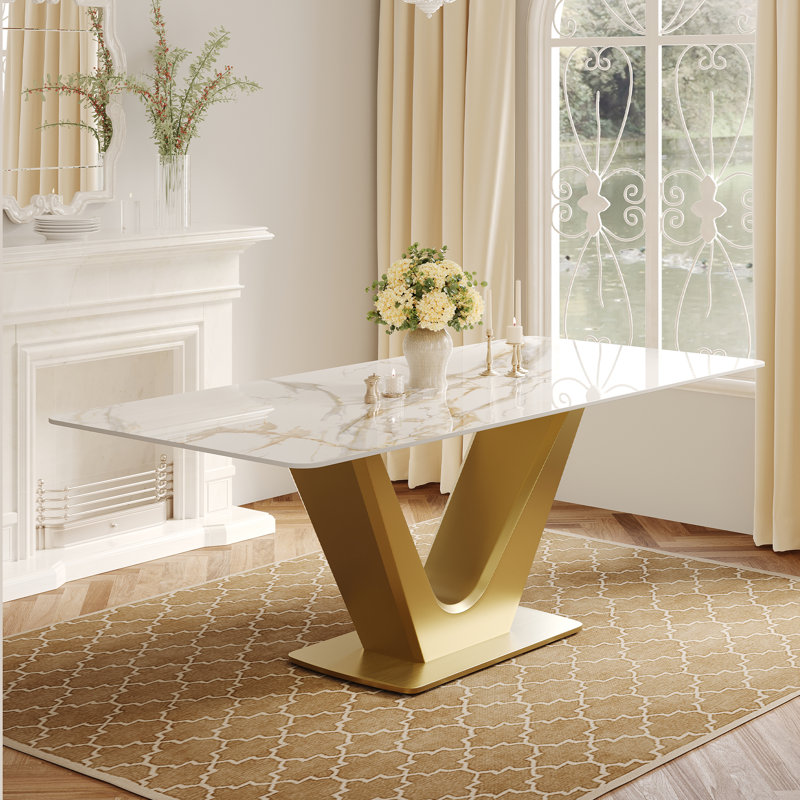 Faux Marble 71'' L Modern Rectangular Dining Table with Base, Gold