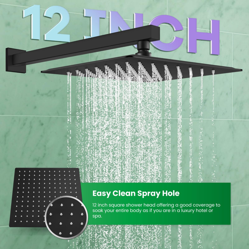 Rainfall Bathroom Shower System & Complete Combo, Wall Mounted - Solid Brass Pressure Balancing Valve, 12 Inch Rain Shower Head & Handle