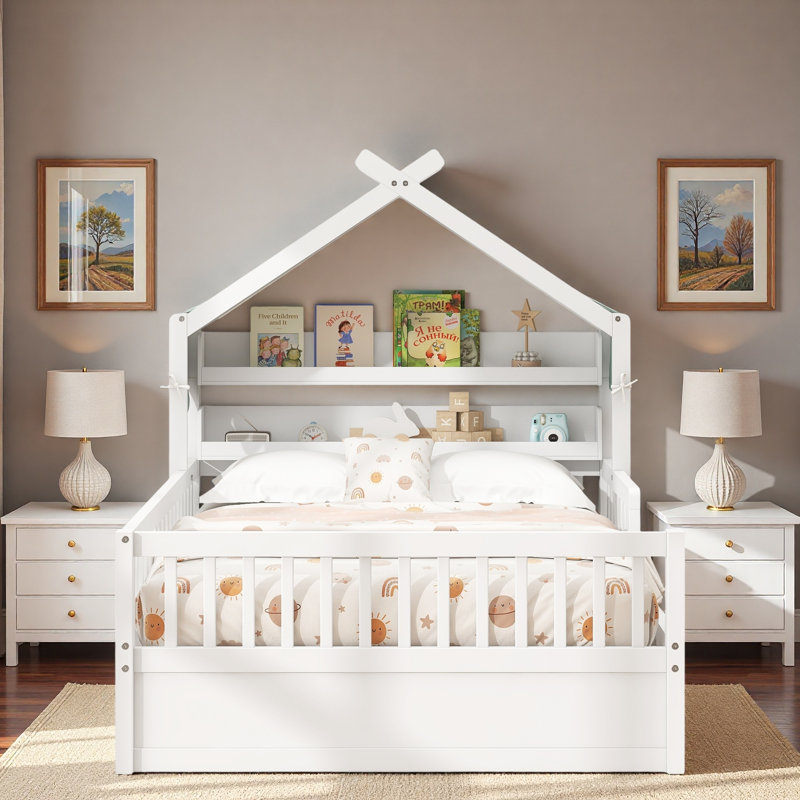 Lit maison en bois avec tablettes de tête de lit, Full, White