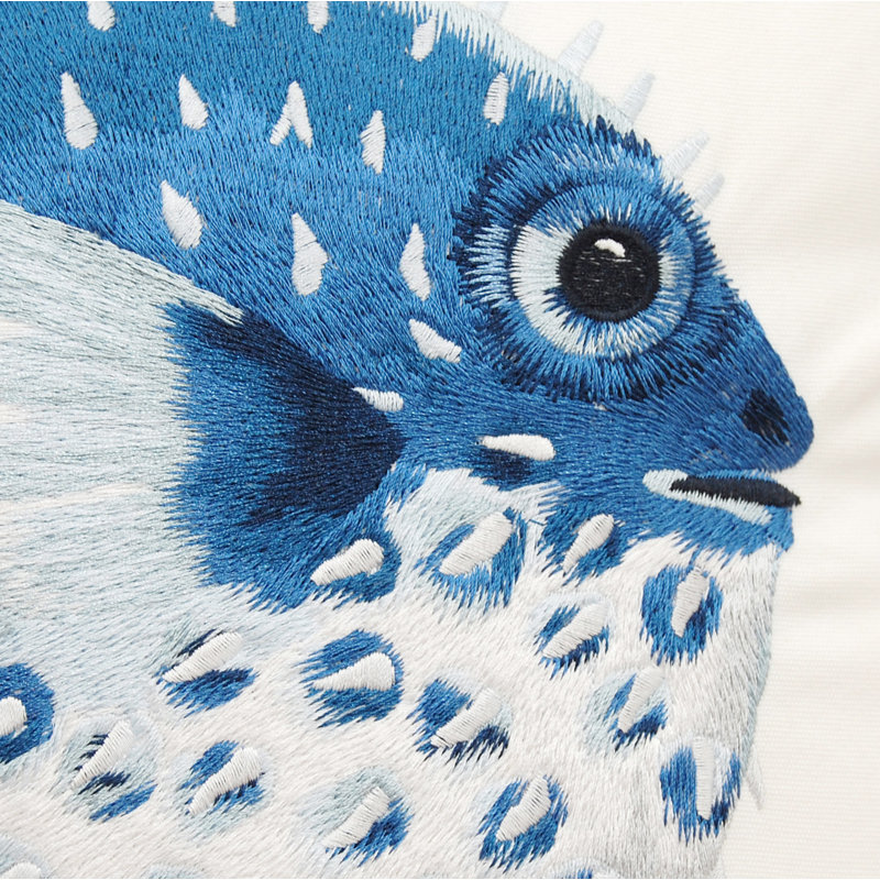 Blue and White Embroidered Pufferfish Square Pillow