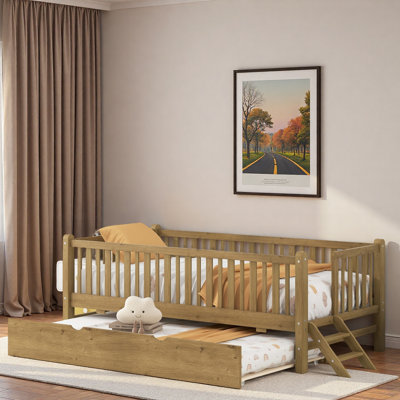 Wood Platform Bed With Guardrail And Trundle