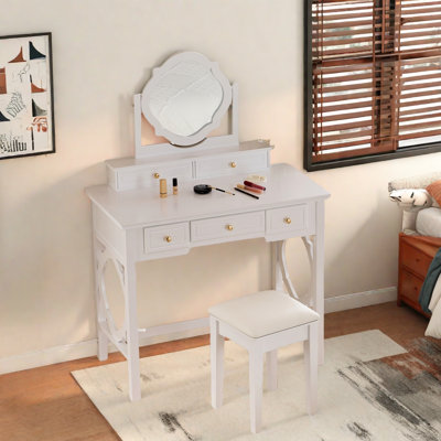 Elegant Makeup Vanity Table With Reversible Four-leaf Shaped Mirror, 5 Drawers, Golden Round Handles And A Stool