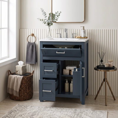 Meuble-lavabo simple 24 po avec lavabo en céramique, armoire de rangement avec 1 porte, tiroir rabattable et 2 tiroirs, charnières à fermeture en douceur, tablette intérieure réglable