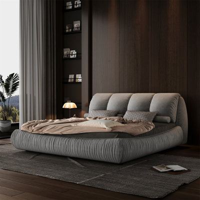 Lit tapissier gris avec support ergonomique et plateforme en lattes de bois