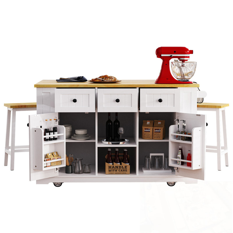 Îlot de cuisine avec 2 tabourets de bar, prise de courant, abattant et 3 tiroirs, Blanc