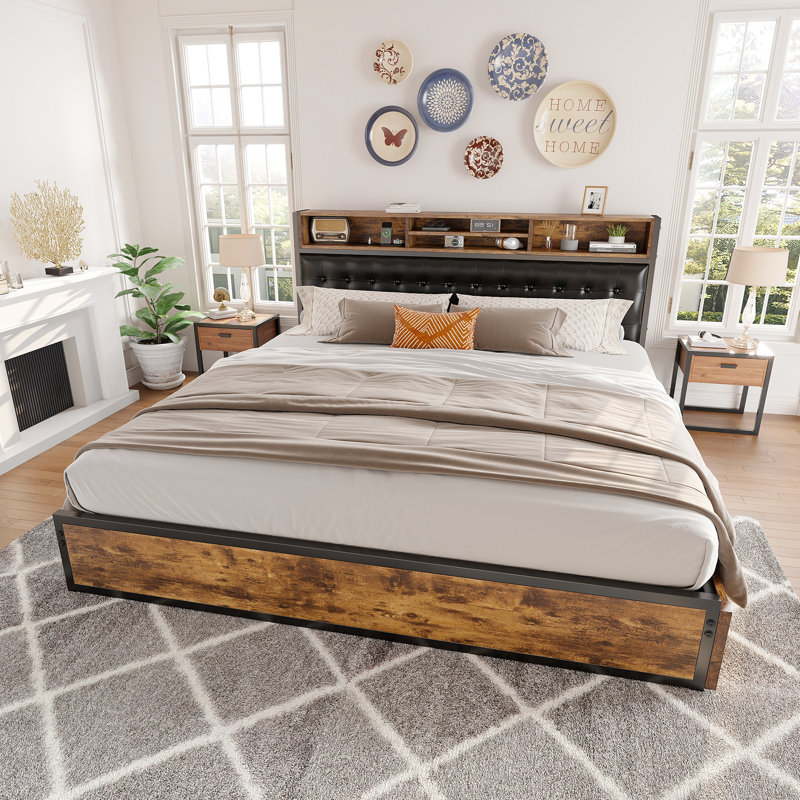 Udelle Bed Frame with 4 Storage Drawers, Upholstered Platform Bed with Headboard and Charging Station, Queen, No