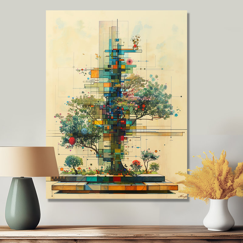 Dessin d'arbre géométrique rétro - botanique, art mural, Métal métal, H 40 po x l 30 po x P 1,5 po