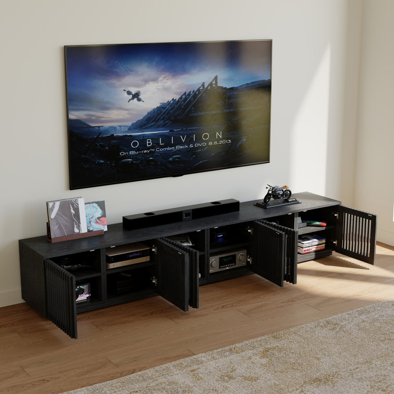 Hiramani Mid-Century Modern TV Stand, Fully Assembly, 16.54" H x 94.5" W x 15.75" D, Black