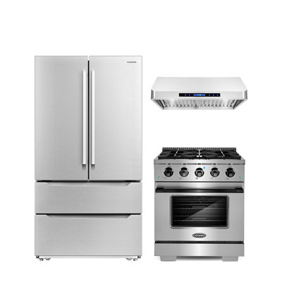 3 Piece Kitchen Package With 30"" Freestanding Gas Range With Custom Handle And Knob Kit 30"" Under Cabinet Range Hood 36"" French Door Refrigerator -  Cosmo, COS-4PKG-1008