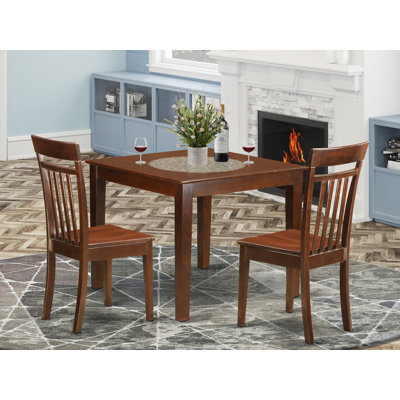 3 Piece Kitchen Table Set for Small Spaces Contains a Square Dining Room Table and 2 Solid Wood Seat Chairs, Mahogany