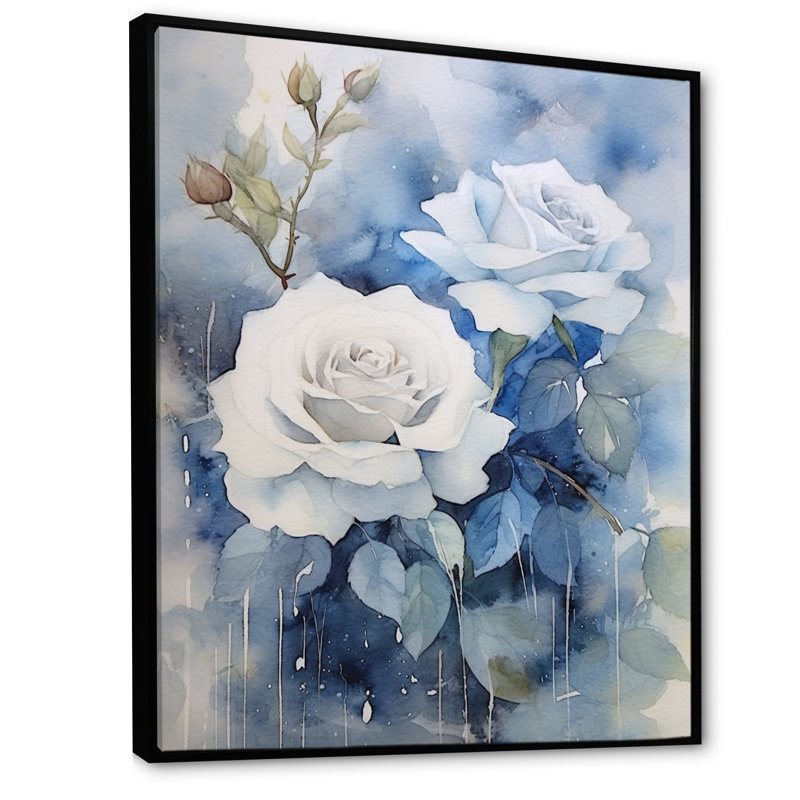 Art floral sur toile rose, impression de fleur bleu crème, H 32 po x l 16 po x P 1 po, Cadre flottant noir