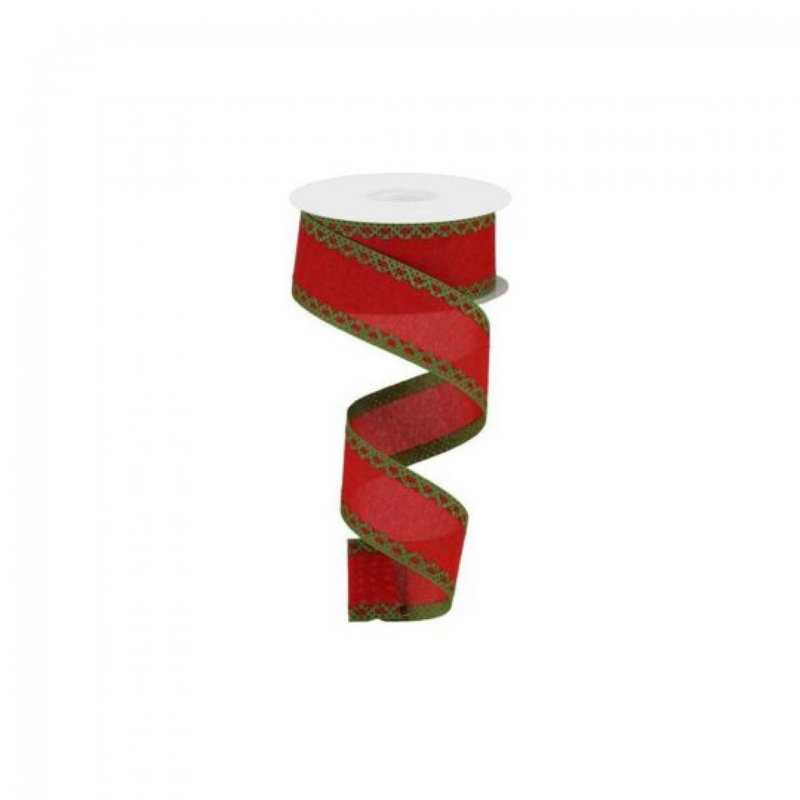 Ruban rouge avec bords festonnés verts
