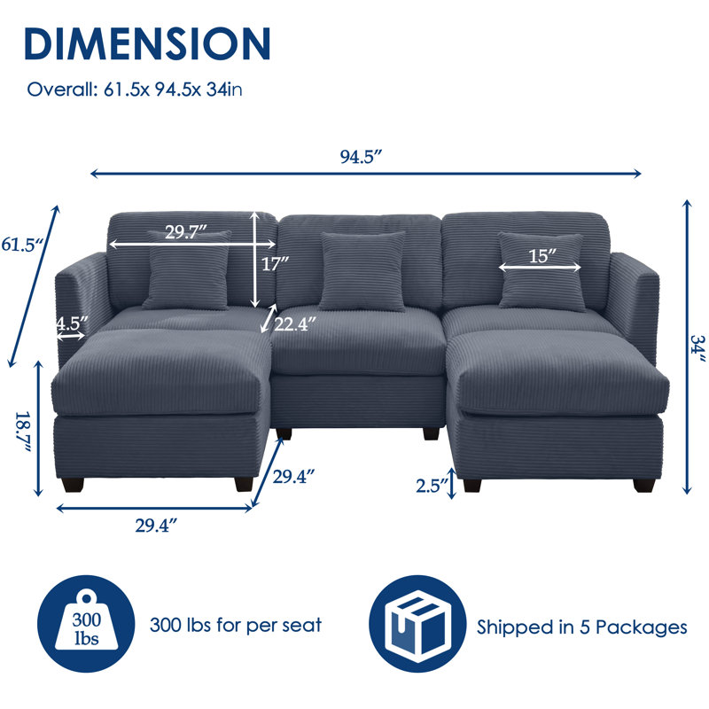 Virgus U-shaped  Corduroy Sectional Sofa With Ottoman, Gray Polyester Blend