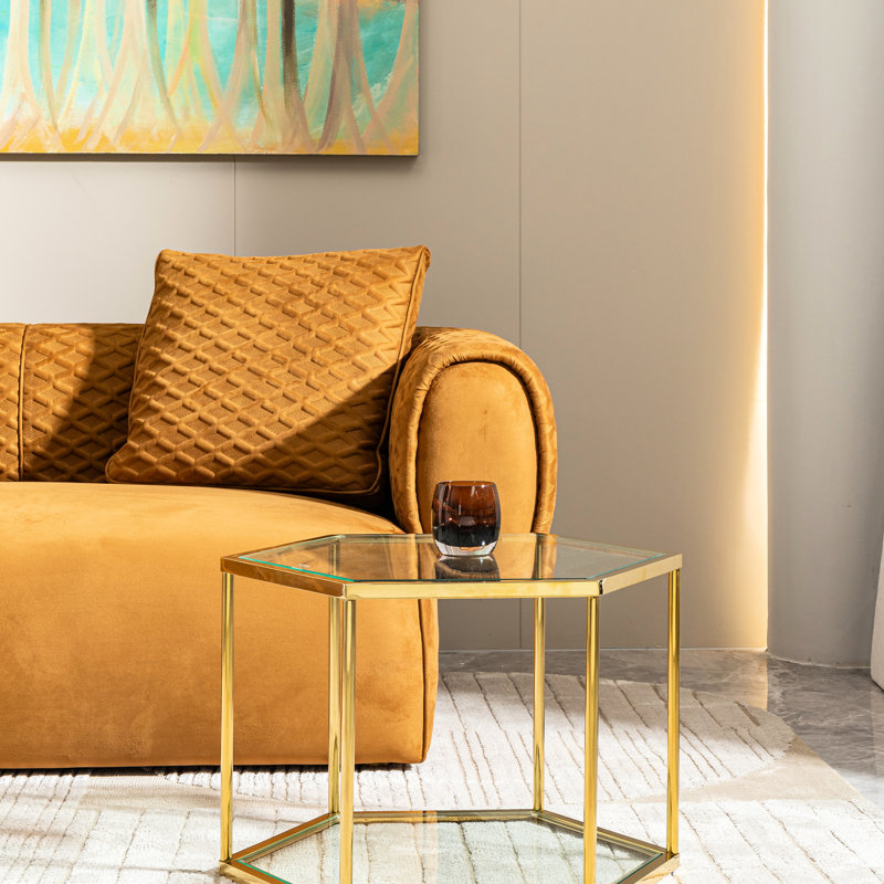Table d'appoint de luxe en acier inoxydable doré avec surface en verre trempé double couche pour salon