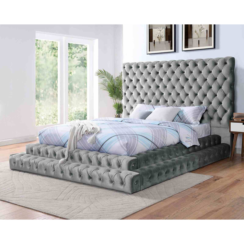 Lit plateforme capitonné surdimensionné de style contemporain entièrement capitonné 1pc, Double, Gris