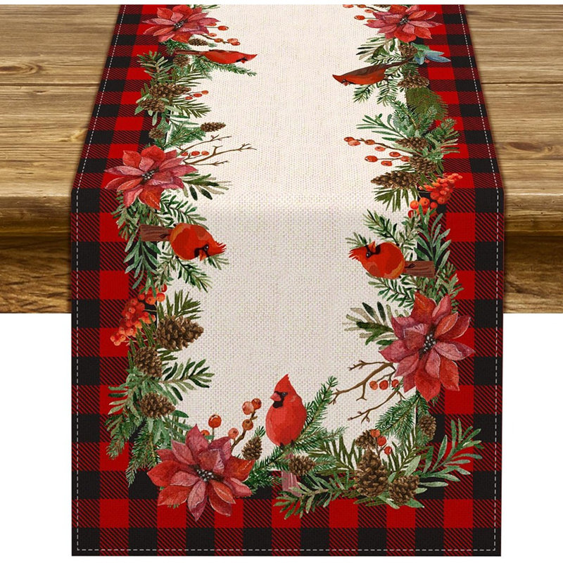 Chemin de table de Noël Cardinal Buffalo à carreaux, poinsettia, houx, Noël, vacances d'hiver, cuisine, salle à manger, décorations pour la maison (13 po x 72 po)